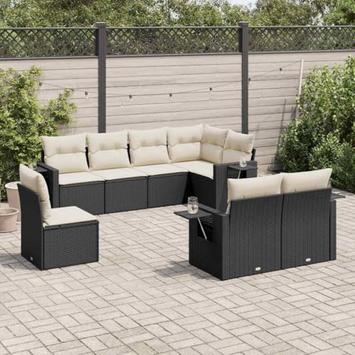 Qnhdfrt Garten Sofa Garnitur 8 teilig Schwarz PE Rattan mit Cremeweißen Kissen Stauraum und Klapptisch für Terrasse Garten und Balkon von Qnhdfrt