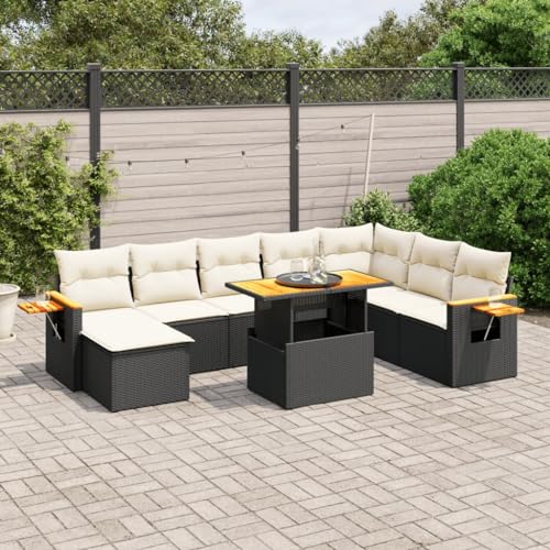 Qnhdfrt Garten Sofa Garnitur 9 teilig Schwarz PE Rattan mit Kissen Höhenverstellbarer Tisch und Klapptische für Garten Terrasse Balkon von Qnhdfrt