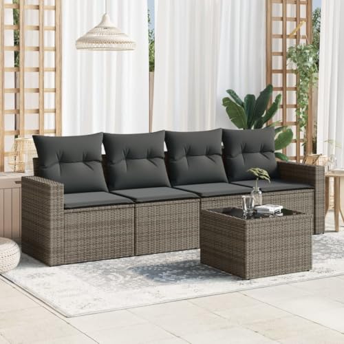 Qnhdfrt Garten Sofa Garnitur Grau 5 teilig PE Rattan mit Glas Tisch und Kissen Modulares Design für Terrasse Garten und Balkon von Qnhdfrt