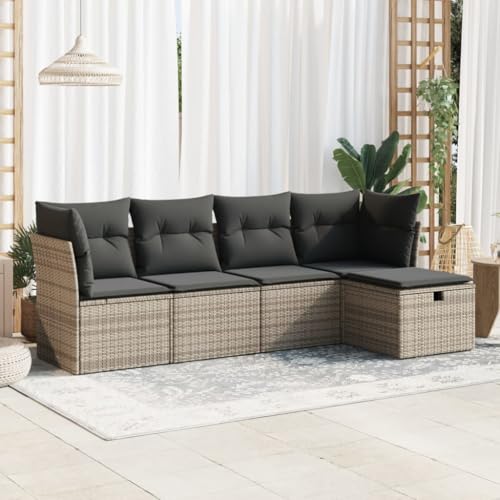 Qnhdfrt Garten Sofa Garnitur Grau PE Rattan 5 teilig mit Kissen Stauraum und Hocker Modulares Design für Terrasse Garten und Balkon von Qnhdfrt