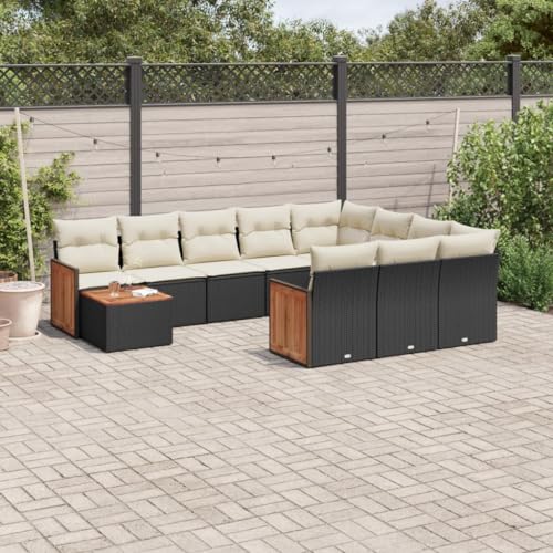 Qnhdfrt Garten Sofa Garnitur Schwarz 11 teilig mit Kissen PE Rattan und Akazienholz Tisch Stauraum Modulares Design für Terrasse Balkon Garten von Qnhdfrt