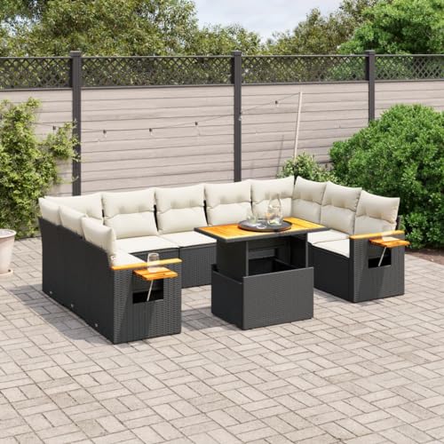 Qnhdfrt Garten Sofa Garnitur Set 10 TLG Schwarz PE Rattan mit Kissen und Klapptisch für Terrasse Balkon Garten von Qnhdfrt
