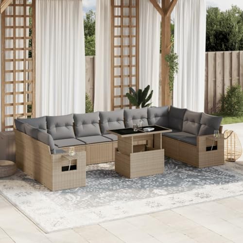 Qnhdfrt Garten Sofa Garnitur Set 11 teilig Beige PE Rattan mit Kissen und Klapptisch für Terrasse Balkon Garten von Qnhdfrt