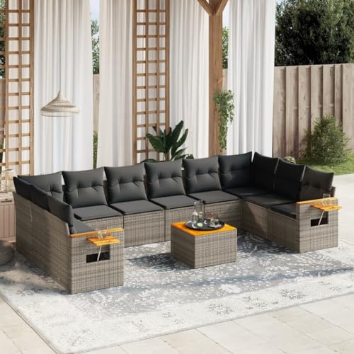 Qnhdfrt Garten Sofa Garnitur Set Grau PE Rattan mit Akazienholz Tisch und Kissen Modular Outdoor Lounge Sitzgruppe für Terrasse Balkon Garten von Qnhdfrt