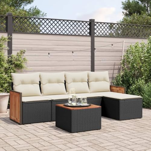 Qnhdfrt Garten Sofa Garnitur Set Schwarz 6 teilig PE Rattan mit Akazienholz Tisch und Kissen für Terrasse Garten Balkon Lounge Bereich von Qnhdfrt