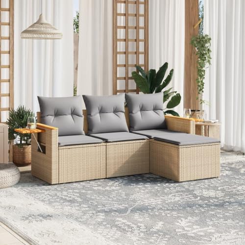 Qnhdfrt Garten Sofa Set 4 TLG Beige PE Rattan Lounge Möbel mit Stauraum und Klapptisch für Terrasse Balkon Garten von Qnhdfrt