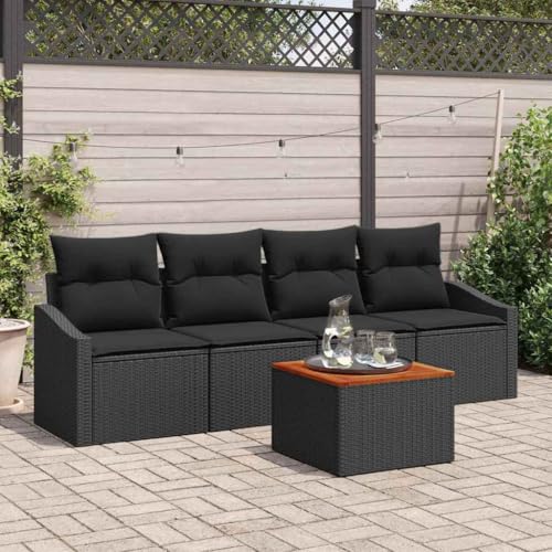 Qnhdfrt Garten Sofa Set 5 TLG Schwarz Modulares Design mit Stauraum aus Poly Rattan und Holz 55 x 55 x 37 cm für Terrasse Balkon und Garten von Qnhdfrt
