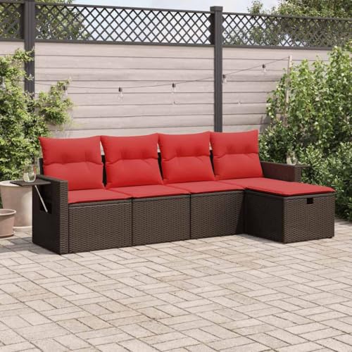 Qnhdfrt Garten Sofa Set 5 teilig PE Rattan Lounge Set Braun mit Roten Kissen wasserfester Stauraum für Garten Terrasse Balkon von Qnhdfrt
