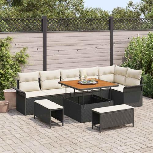 Qnhdfrt Garten Sofa Set 6 Sitzer Schwarz Modernes Poly Rattan Lounge Set mit Tisch und Hocker Wetterfest für Garten Terrasse Balkon von Qnhdfrt