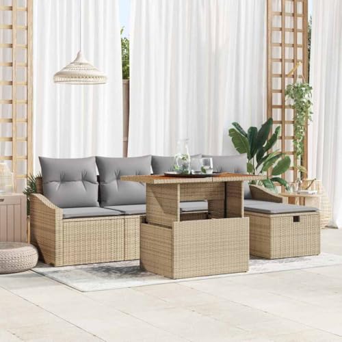 Qnhdfrt Garten Sofa Set 6 teilig Beige Poly Rattan Modernes Design mit Stauraum und Kissen für Terrasse Balkon Garten von Qnhdfrt