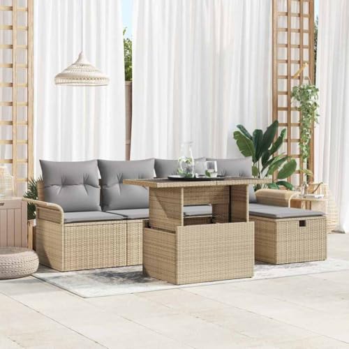 Qnhdfrt Garten Sofa Set 6 teilig aus Poly Rattan Beige mit Grauen Kissen Sitzgruppe Outdoor für 5 Personen mit Stauraum und Gartentisch Qnhdfrt Garten Sofa Set 6 teilig aus Poly Rattan Beige mit Grauen Kissen Sitzgruppe Outdoor für 5 Personen mit Stauraum und Gartentisch von Qnhdfrt