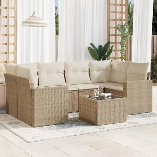 Qnhdfrt Garten Sofa Set 7 teilig Beige PE Rattan Lounge Möbel mit Glas Tisch für Terrasse Balkon Garten Qnhdfrt Garten Sofa Set 7 teilig Beige PE Rattan Lounge Möbel mit Glas Tisch für Terrasse Balkon Garten von Qnhdfrt