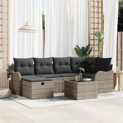 Qnhdfrt Garten Sofa Set 7 teilig Grau Poly Rattan mit Kissen Modulares Design Robustes Material für Außenbereich von Qnhdfrt