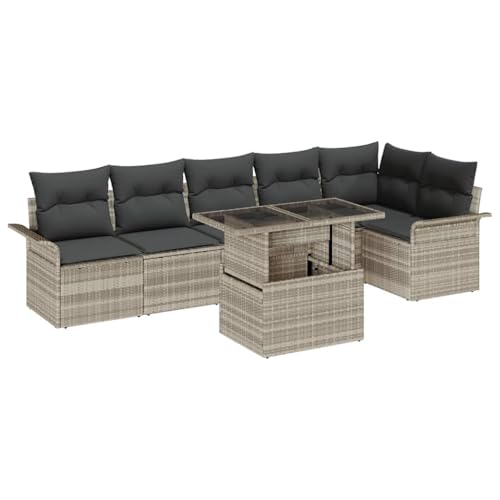 Qnhdfrt Garten Sofa Set 7 teilig Hellgrau Poly Rattan mit Kissen Modulares Design für Terrasse Balkon Garten von Qnhdfrt
