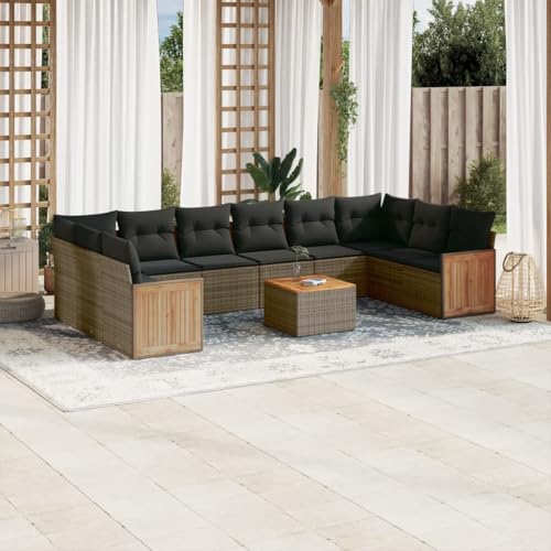 Qnhdfrt Garten Sofa Set Grau 11 teilig PE Rattan Lounge Möbel mit Akazienholz Tisch und Kissen für Terrasse Balkon Garten von Qnhdfrt
