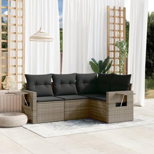 Qnhdfrt Garten Sofa Set Grau 4 teilig PE Rattan mit Kissen Stauraum und Klapptisch Wetterfest für Terrasse Balkon Garten von Qnhdfrt