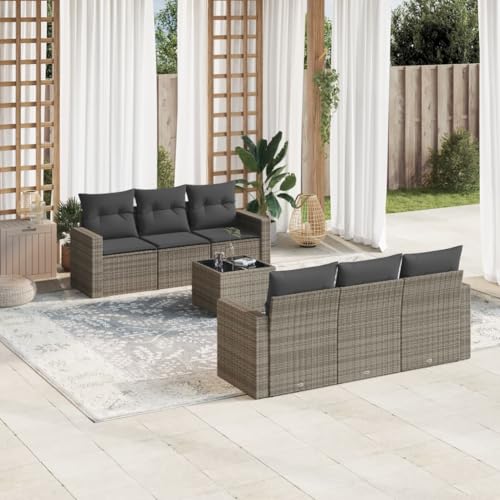 Qnhdfrt Garten Sofa Set Grau 7 teilig PE Rattan Lounge Möbel mit Glas Tisch und Kissen für Terrasse Garten und Balkon von Qnhdfrt
