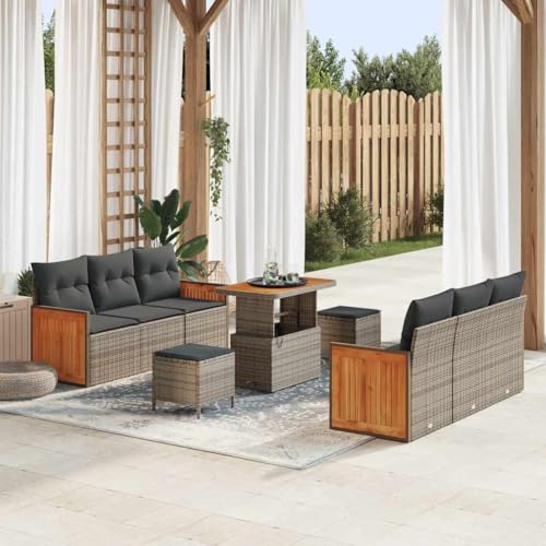 Qnhdfrt Garten Sofa Set Outdoor Grau Poly-Rattan Akazienholz 5-teiliges Lounge Set mit Kissen für Balkon Terrasse und Garten von Qnhdfrt