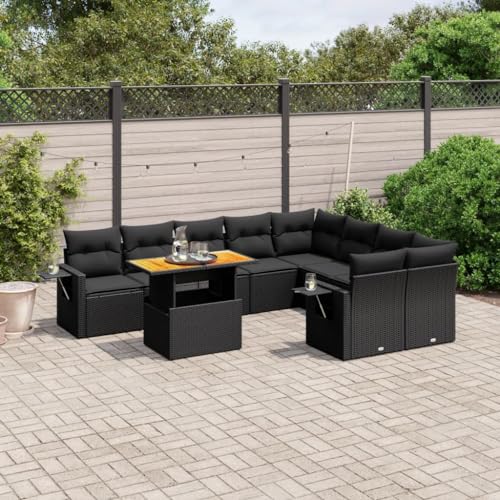 Qnhdfrt Garten Sofa Set Schwarz 10 teilig PE Rattan Outdoor Lounge Möbel mit Kissen und Klapptisch für Terrasse Balkon Garten von Qnhdfrt