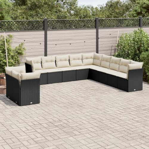 Qnhdfrt Garten Sofagarnitur 11 TLG Schwarz PE Rattan Ecksofa mit Cremeweißen Kissen für Terrasse Garten und Balkon von Qnhdfrt