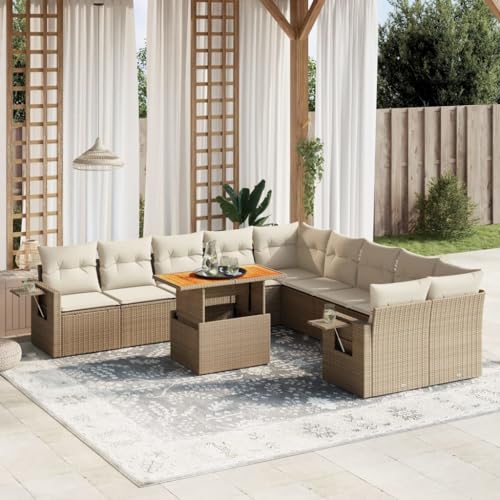 Qnhdfrt Garten Sofagarnitur 11 teilig Beige PE Rattan Lounge Set Outdoor mit Kissen und Klapptisch für Terrasse Balkon Garten von Qnhdfrt