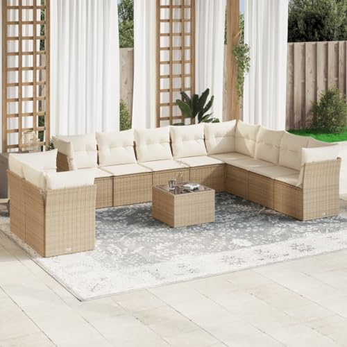 Qnhdfrt Garten Sofagarnitur 11 teilig Beige PE Rattan Lounge Set mit Stauraum und Kissen für Terrasse Garten und Balkon von Qnhdfrt