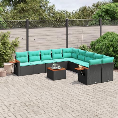Qnhdfrt Garten Sofagarnitur 11 teilig Schwarz PE Rattan mit Akazienholz Tischplatte und Kissen Sitzgruppe Outdoor für Terrasse Garten Balkon von Qnhdfrt