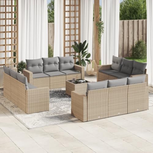 Qnhdfrt Garten Sofagarnitur 13 teilig Beige PE Rattan Lounge Set mit Glas Tisch für Terrasse Balkon Garten von Qnhdfrt