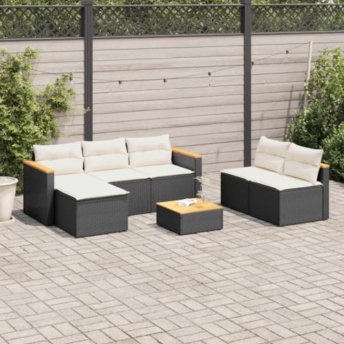 Qnhdfrt Garten Sofagarnitur 3 Sitzer Set Schwarz PE Rattan mit Kissen Akazie Tisch und Hocker Modulares Design für Terrasse Balkon Garten von Qnhdfrt
