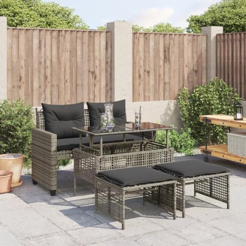 Qnhdfrt Garten-Sofagarnitur 4-TLG. Grau PE-Rattan mit Kissen und verstellbarem Glastisch für Terrasse Balkon und Garten von Qnhdfrt