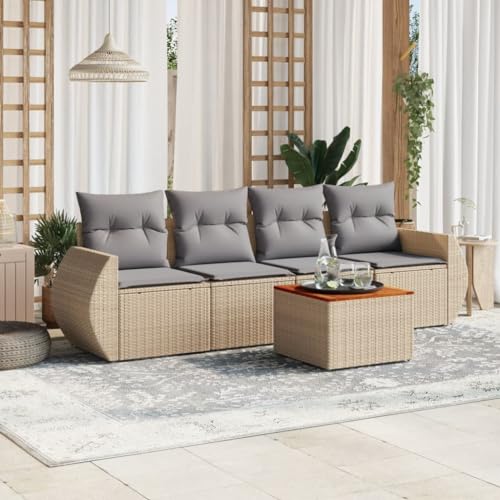 Qnhdfrt Garten Sofagarnitur 5 TLG Set aus PE Rattan mit Akazienholz Tisch und Polsterkissen Beige Grau für Terrasse Garten und Balkon von Qnhdfrt