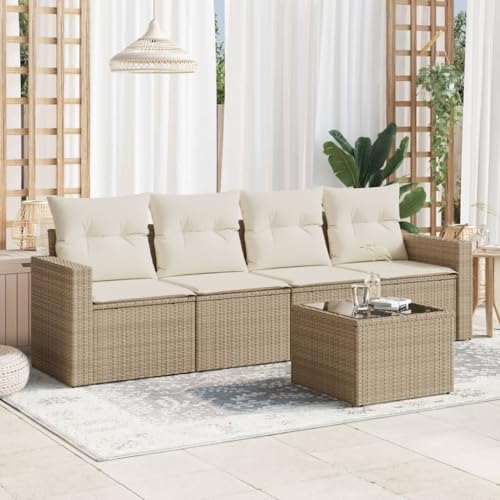 Qnhdfrt Garten Sofagarnitur 5 TLG Set aus PE Rattan mit Glas Tisch und Kissen Beige für Terrasse Garten und Balkon Qnhdfrt Garten Sofagarnitur 5 TLG Set aus PE Rattan mit Glas Tisch und Kissen Beige für Terrasse Garten und Balkon von Qnhdfrt