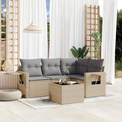 Qnhdfrt Garten Sofagarnitur 5-TLG. Set aus PE-Rattan mit Glas Tischplatte und Kissen Beige für Terrasse Garten und Balkon Qnhdfrt Garten Sofagarnitur 5-TLG. Set aus PE-Rattan mit Glas Tischplatte und Kissen Beige für Terrasse Garten und Balkon von Qnhdfrt