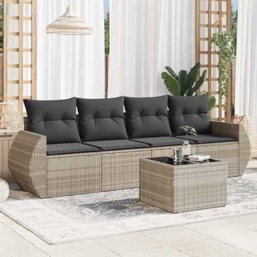 Qnhdfrt Garten Sofagarnitur 5 teilig Hellgrau PE Rattan mit Kissen Stauraum und Glas Tisch für Terrasse Garten und Balkon von Qnhdfrt