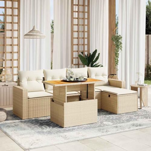 Qnhdfrt Garten Sofagarnitur 6 teilig Beige PE Rattan Lounge Set mit Kissen und Klapptisch für Terrasse Balkon Garten von Qnhdfrt