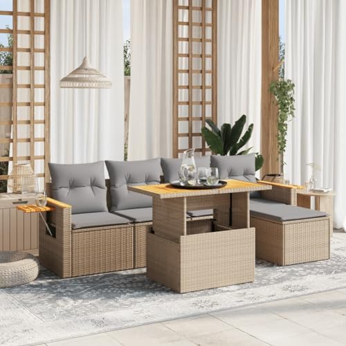 Qnhdfrt Garten Sofagarnitur 6 teilig Beige PE Rattan Lounge Set mit Klapptisch und Kissen für Terrasse Garten Balkon von Qnhdfrt