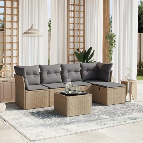 Qnhdfrt Garten Sofagarnitur 6 teilig Set PE Rattan Lounge Möbel mit Glas Tischplatte und Kissen Beige für Terrasse Balkon Garten Qnhdfrt Garten Sofagarnitur 6 teilig Set PE Rattan Lounge Möbel mit Glas Tischplatte und Kissen Beige für Terrasse Balkon Garten von Qnhdfrt