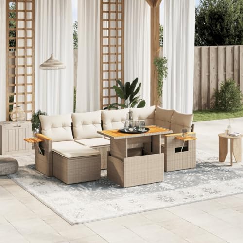 Qnhdfrt Garten Sofagarnitur 7 teilig Beige PE Rattan Lounge Set mit Kissen und Klapptisch für Terrasse Garten Balkon von Qnhdfrt