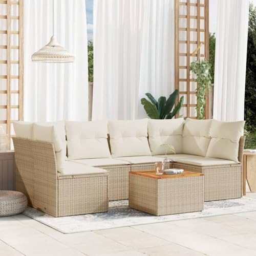 Qnhdfrt Garten Sofagarnitur 7 teilig Beige PE Rattan mit Kissen und Akazienholz Tisch Modulares Design für Terrasse Garten und Balkon von Qnhdfrt