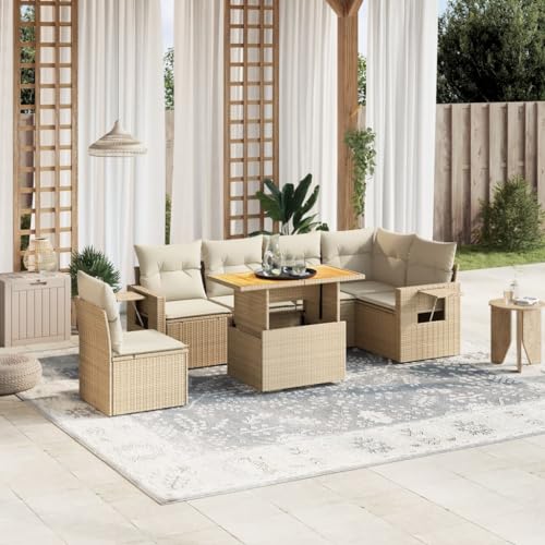 Qnhdfrt Garten Sofagarnitur 7 teilig Beige PE Rattan mit Kissen und Klapptisch für Terrasse Balkon Garten von Qnhdfrt