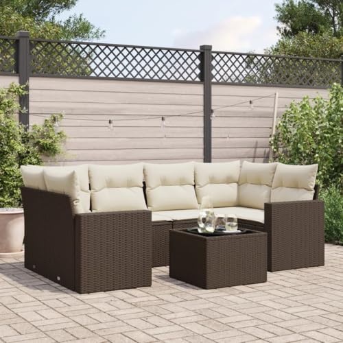 Qnhdfrt Garten Sofagarnitur 7 teilig Braun PE Rattan mit Kissen und Glas Tisch für Terrasse Balkon Garten von Qnhdfrt