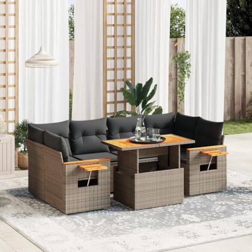 Qnhdfrt Garten Sofagarnitur 7 teilig Grau PE Rattan Outdoor Lounge Set mit Kissen und Klapptisch für Terrasse Balkon Garten von Qnhdfrt