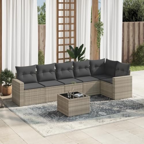 Qnhdfrt Garten Sofagarnitur 7 teilig Poly Rattan Set mit Kissen Hellgrau Ecksofa Lounge Möbel für Terrasse Balkon Garten von Qnhdfrt