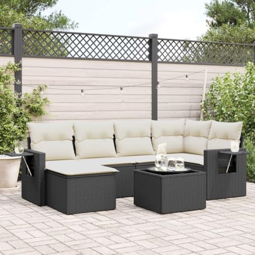 Qnhdfrt Garten Sofagarnitur 7 teilig Schwarz PE Rattan Lounge Set mit Kissen Stauraum und Klapptisch für Terrasse Garten und Balkon von Qnhdfrt