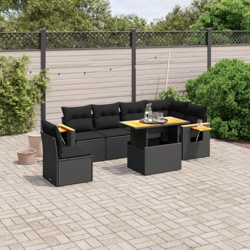 Qnhdfrt Garten Sofagarnitur 7 teilig Schwarz PE Rattan Outdoor Lounge Set mit Kissen und Klapptisch für Terrasse Balkon Garten von Qnhdfrt