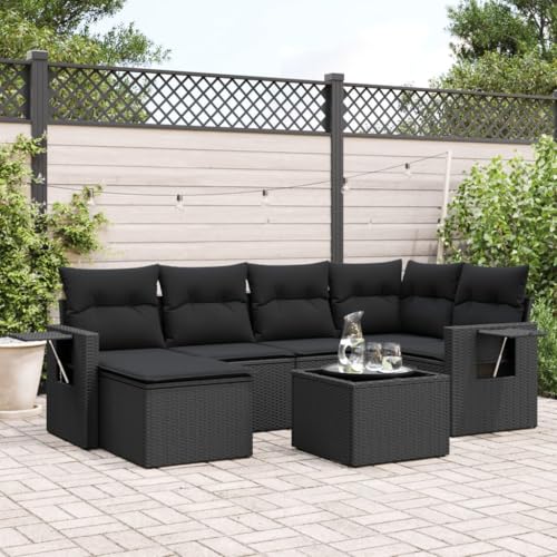 Qnhdfrt Garten Sofagarnitur 7 teilig Schwarz PE Rattan mit Glas Tisch und Kissen für Terrasse Balkon Garten von Qnhdfrt