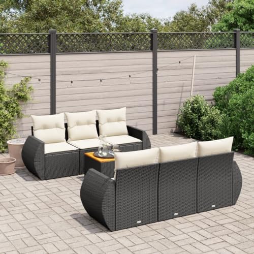 Qnhdfrt Garten Sofagarnitur 7 teilig Schwarz Poly Rattan mit Kissen Akazienholz Tisch für Terrasse Balkon Garten von Qnhdfrt