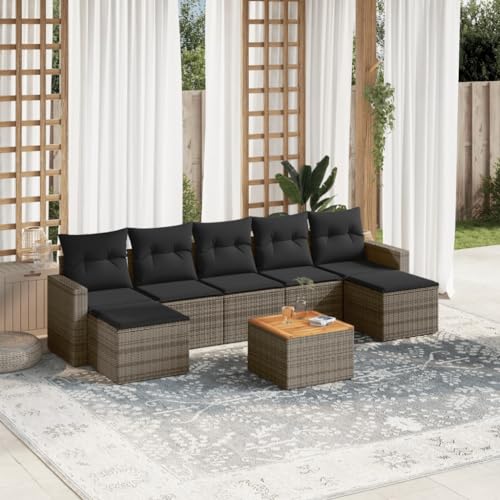 Qnhdfrt Garten-Sofagarnitur 8-TLG. Grau PE-Rattan mit Akazienholz-Tisch und Kissen, Modulares Design für Garten, Terrasse und Balkon von Qnhdfrt