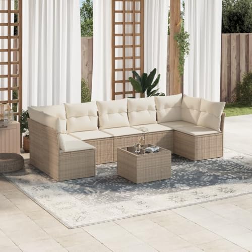 Qnhdfrt Garten Sofagarnitur 8 teilig Beige PE Rattan Lounge Set mit Kissen und Glas Tisch für Terrasse Balkon Garten von Qnhdfrt