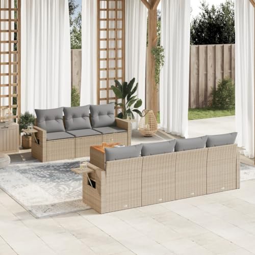 Qnhdfrt Garten Sofagarnitur 8 teilig Beige Poly Rattan mit Kissen Stauraum und Klapptisch für Terrasse Garten und Balkon von Qnhdfrt
